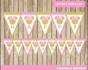 pancarta triangular de Minnie Mouse rosa y dorada; banner imprimible de Minnie Pink y Gold, descarga instantánea del banner de fiesta de Minnie Mouse