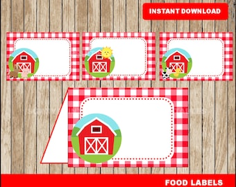 May include: Printable red and white gingham food labels with a cartoon barn and farm animals. The labels say "FOOD LABELS" at the bottom.