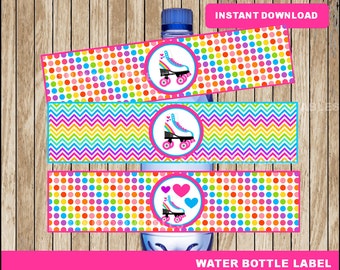 Roller Skate water bottle labels; printable  Roller Botle labels, Roller Skate party water bottle instant download