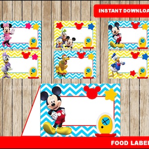 étiquettes alimentaires Mickey Mouse; cartes imprimables de tente de Mickey Mouse Clubhouse, téléchargement immédiat de cartes de tente de nourriture de partie de Minnie Mouse