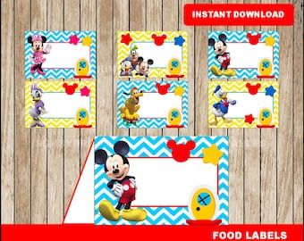 Mickey Mouse food labels; printable Mickey Mouse Clubhouse  tent cards, Minnie Mouse party food tent cards instant download