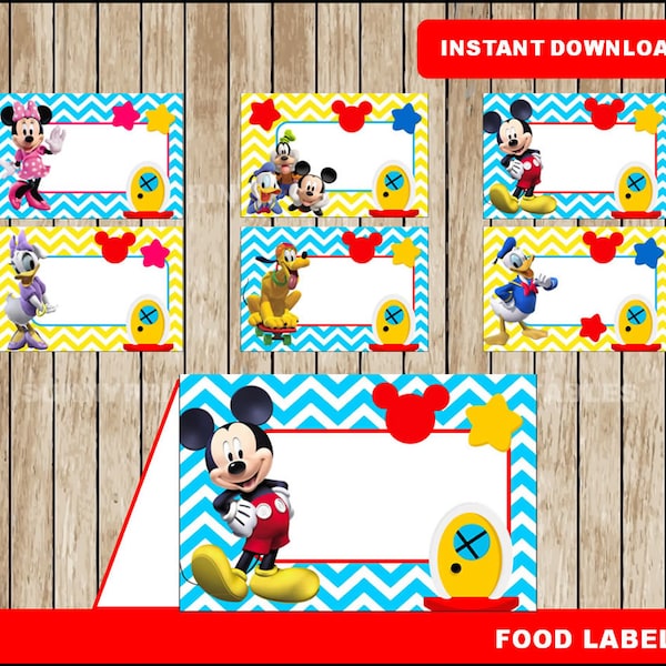 Mickey Mouse food labels; printable Mickey Mouse Clubhouse  tent cards, Minnie Mouse party food tent cards instant download