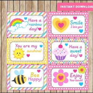 Printable School Lunchbox Notes instant download, Rainbow Lunch Box Notes, Printable School Notes