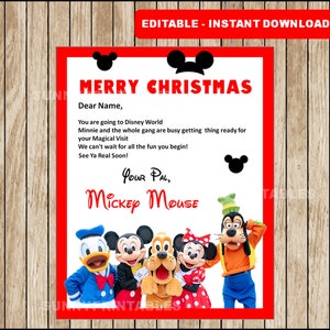 Cartas personalizadas do MICKEY e MINNIE MOUSE para impressão anunciando uma viagem surpresa. Revelação de viagem para Disneylândia, DisneyWorld ou cruzeiro.