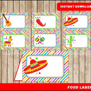 Rótulos de comida de festa mexicana; cartões de barraca de festa mexicana para impressão, cartões de barraca de comida para festa Cinco de mayo, download instantâneo