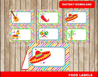 Mexican fiesta food labels; printable Mexican fiesta tent cards, Cinco de mayo party food tent cards instant download