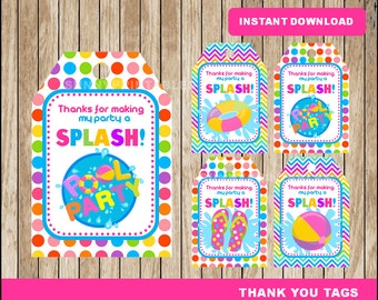 Pool Party tags; printable Pool Party Thanks Tags, Pool Party printable tags instant download