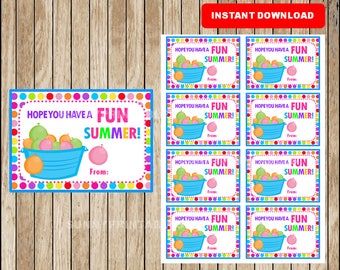 Printable bursting with fun End of School Cards , water balloon Funny Gift Tags , Printable Summer Gift Tag cards instant download