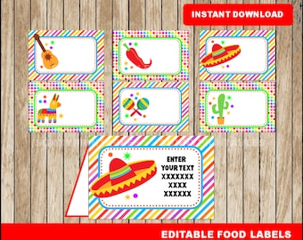 Mexican fiesta food labels; printable Mexican fiesta tent cards, Cinco de mayo party food tent cards EDITABLE TEXT instant download