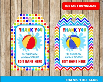 May include: Two printable thank you tags featuring a beach ball and water splash design. The tags have a polka dot pattern and a chevron pattern. The text on the tags reads "Thank You" and "For making my party a splash!" with the option to edit the name.