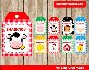 Puede incluir: Conjunto de 8 etiquetas de agradecimiento imprimibles con animales de granja. Cada etiqueta presenta un animal de granja diferente, incluyendo una vaca, un cerdo, un caballo, una oveja, un pollo y un granero. Las etiquetas son rojas, verdes, azules y amarillas con un patrón de cuadros blancos.