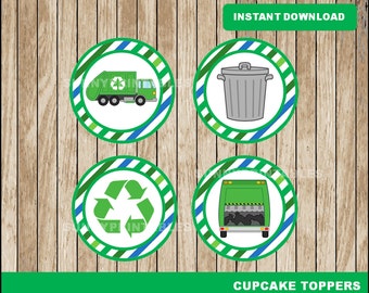 Garbage Truck cupcakes toppers; printable Garbage Truck toppers, Garbage Truck party toppers instant download