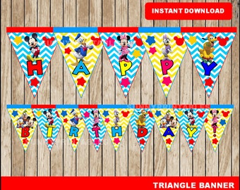 pancarta triangular de Mickey Mouse; banner imprimible de Mickey Mouse Clubhouse, descarga instantánea del banner de Minnie Mouse