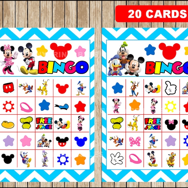 Printable 20 Mickey Mouse Bingo Cards; printable Mickey Mouse Clubhouse Bingo game, Minnie Mouse bingo cards instant download