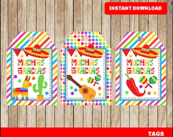 Mexikanische Fiesta Tags; ausdruckbare mexikanische Fiesta Muchas gracias Tags, Cinco de Mayo Party Tags zum sofortigen Download