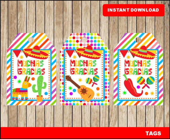 Mexican fiesta tags; printable  Mexican fiesta Muchas gracias Tags, Cinco de mayo party tags instant download
