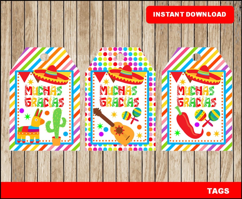 May include: Three colorful printable gift tags with a Mexican fiesta theme. Each tag features a sombrero, a different festive icon, and the text "Muchas Gracias".
