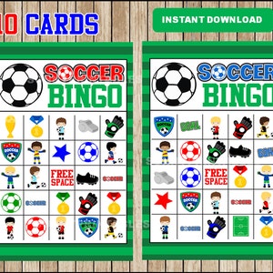 10 cartones de bingo de fútbol imprimibles; Juego de bingo de fútbol imprimible, juego de fútbol para niños descarga instantánea