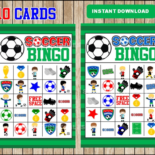 Printable 10 Soccer Bingo Cards; printable Soccer Bingo Game, Soccer Game for Kids instant download