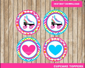 Rolschaats cupcakes toppers; afdrukbare rolschaatstoppers, rolschaatspartijtoppers direct downloaden