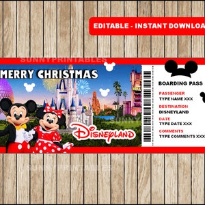 Druckbare DISNEYLAND CHRISTMAS Surprise Trip Ticket. DisneyLand Urlaubskarte. Bordkarte. Frohe Weihnachten. Bearbeitbarer Download