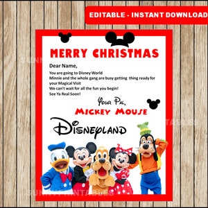 Cartas personalizadas do MICKEY e MINNIE MOUSE para impressão anunciando viagem surpresa. Revelação da viagem à Disneylândia.