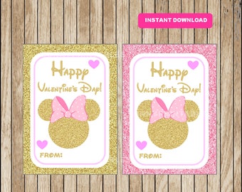 Pink and Gold Minnie Mouse Valentine's Day Cards instant download, Printable Minnie mouse glitter Valentine Cards, Instant Download