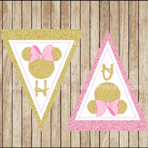 May include: Two glittery pennant banners with a Minnie Mouse theme. One banner has a gold glitter background with a pink bow and the letter "H". The other banner has a pink glitter background with a gold bow and the letter "U".