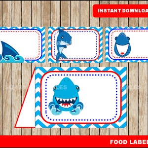 Shark food labels; printable Shark tent cards, Shark party food tent cards instant download