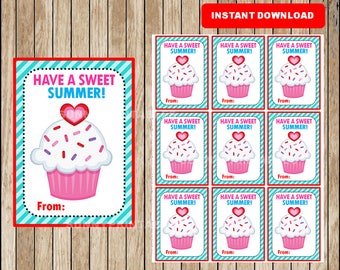 Cupcake End of School Cards,  Funny Friend Gift Tags, Printable Summer Gift Tag cards instant download