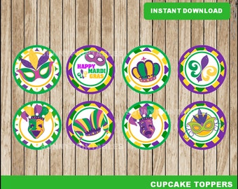 Mardi Gras cupcakes toppers; printableMardi Gras toppers,  Mardi Gras party toppers instant download