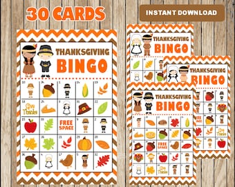 May include: Thirty Thanksgiving Bingo cards with a brown and orange chevron pattern. Each card has a 5x5 grid with images of pilgrims, turkeys, pumpkins, corn, acorns, and leaves. The text "Thanksgiving Bingo" is printed in orange letters on each card.