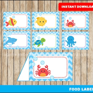 Bajo las etiquetas de los alimentos del mar; tarjetas de tienda imprimibles Under The Sea, tarjetas de tienda de comida para fiestas Under The Sea descarga instantánea