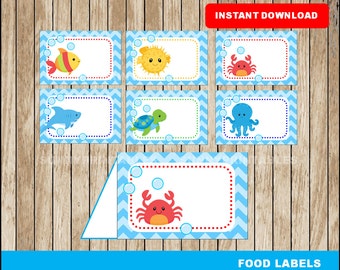 Under The Sea food labels; printable Under The Sea tent cards, Under The Sea party food tent cards instant download