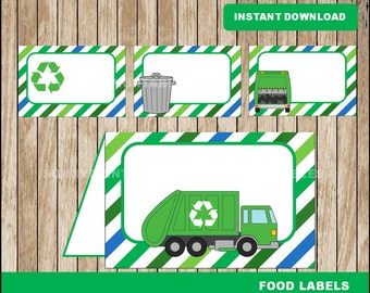 May include: Printable food labels with a green, white, and blue striped background. The labels feature a recycling symbol, a trash can, a garbage truck, and a garbage truck with a recycling symbol. The text "FOOD LABELS" is at the bottom of the image.