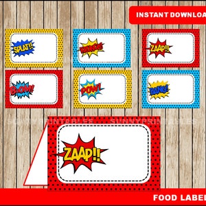 Superhelden-Etiketten für Lebensmittel; druckbare Superhelden Zelt Karten, Superhelden Party Essen Zelt Karten sofortiger Download