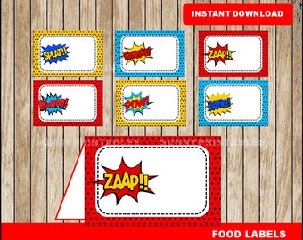 Superhero food labels; printable Super Hero tent cards, Superhero party food tent cards instant download