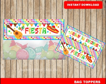 Mexican fiesta bags toppers; printable Mexican fiesta treat bags toppers, Cinco de mayo Bags toppers instant download