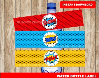 Superhero water bottle labels; printable Super Hero water, Superhero party water bottle instant download