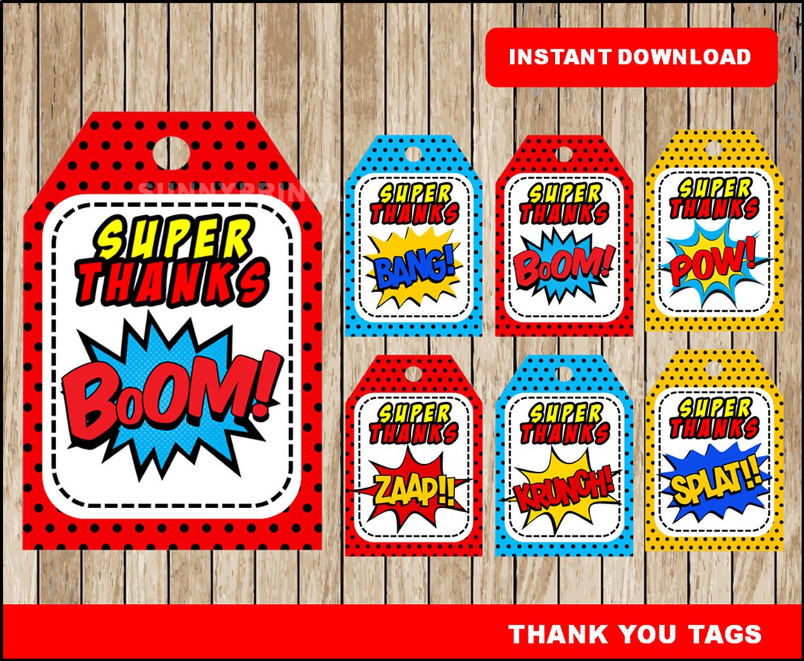 Superhero Tags Printable Super Hero Thank You Tags Superhero - Etsy