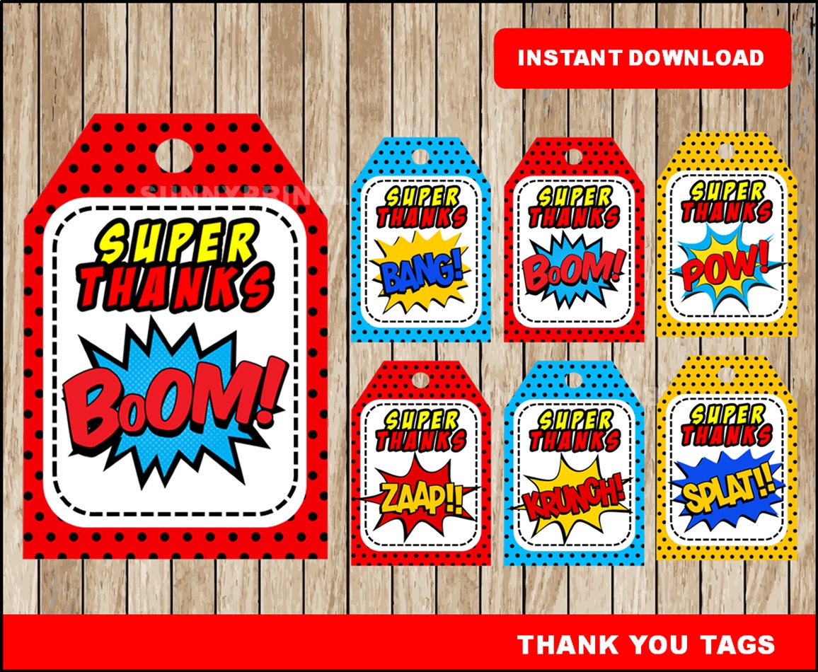 Superhero tags printable Super Hero Thank you Tags Superhero | Etsy