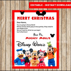 Cartas personalizadas do MICKEY e MINNIE MOUSE para impressão anunciando viagem surpresa. Revelação da viagem à DisneyWorld.