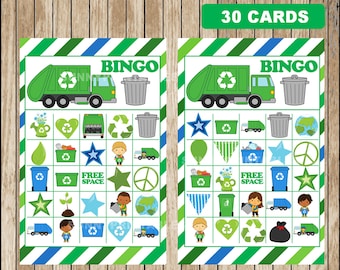 May include: A set of 30 bingo cards featuring a green recycling truck, a peace sign, a recycling symbol, a heart, a star, a trash can, a plant, a globe, and a boy wearing a green shirt. The cards are printed on white paper with green and blue stripes.