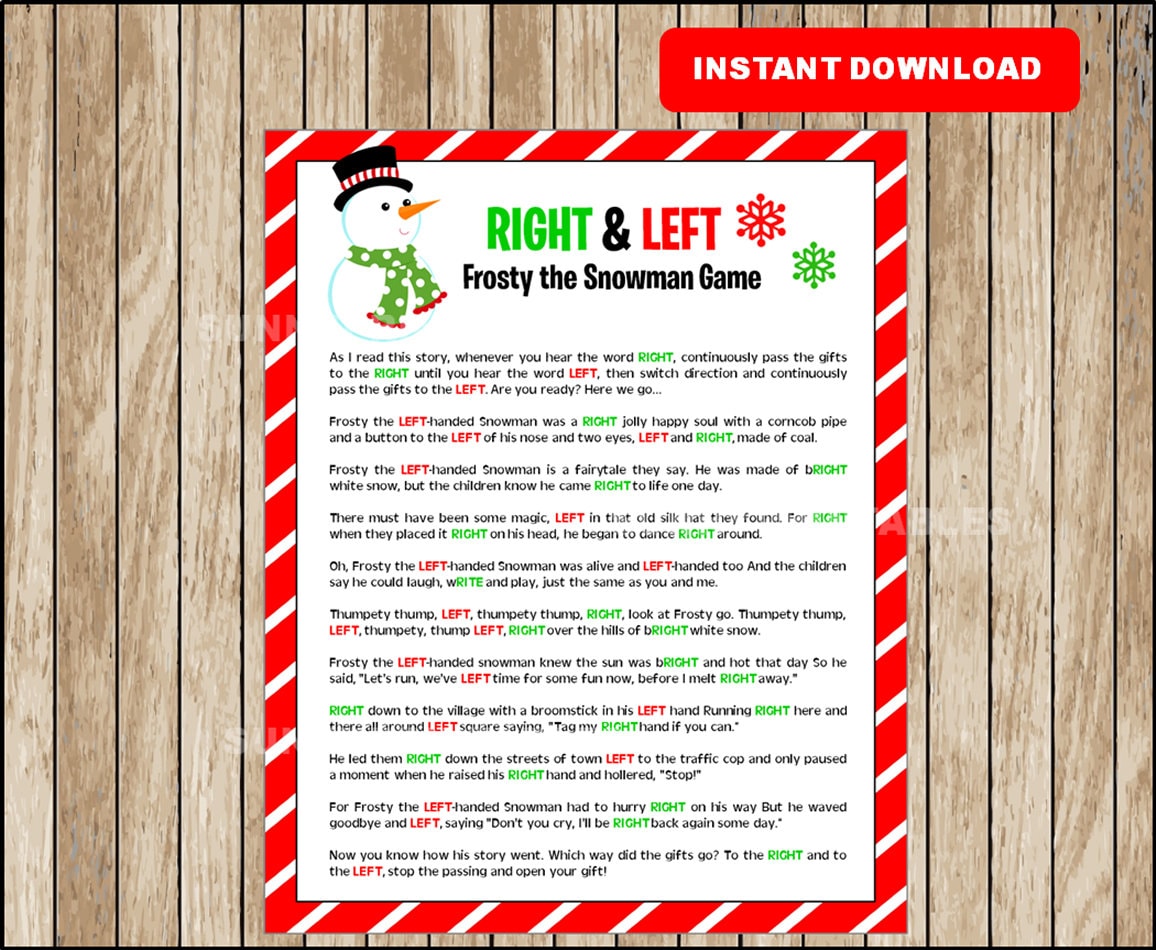 Winter Right & Left story, Snowman game, Baby or Bridal shower game, hilarious party, family game, Christmas Game, Instant Download