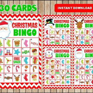 Printable 30 Christmas Bingo Cards; printable Christmas Bingo game, Christmas printable bingo cards instant download