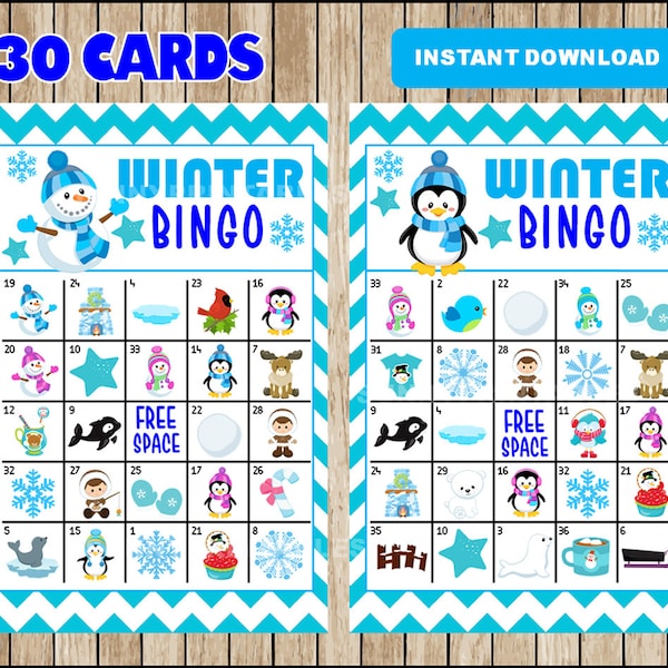 Printable 30 Winter Bingo Cards; printable Snowman Bingo game, Winter printable bingo cards instant download