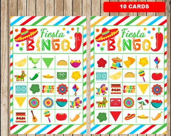 May include: Ten printable Fiesta Bingo cards with a colorful striped background. Each card has a free space and 24 squares with images of Mexican party decorations, including a sombrero, maracas, a piñata, a chili pepper, and a taco.