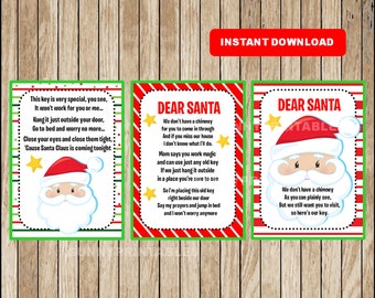 May include: Three printable Christmas cards featuring Santa Claus with the text "Dear Santa" and a poem about Santa Claus not having a chimney. The cards are red, green, and white with a striped pattern.