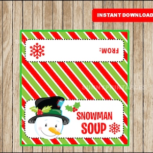 Adorno para bolsa de sopa con forma de muñeco de nieve: adorno para bolsa de regalo de Navidad imprimible: descarga instantánea