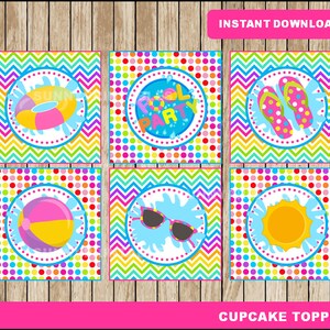 May include: Six colorful cupcake toppers with summer-themed designs. Each square features a central image of a beach ball, sunglasses, a sun, a pool float, and flip-flops. The toppers have a blue water splash design and are surrounded by a polka dot and chevron pattern.